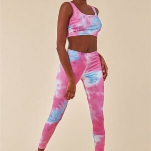 Cosmochic Tie-dye Crop Top With Leggings Set - Pinkblue