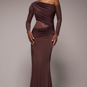 Goddiva Gathered Cowl Asymmetric Mesh And Soft Touch Maxi Dress - Brown