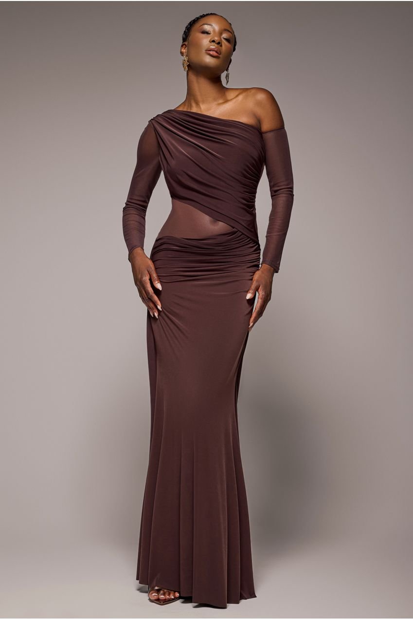 Goddiva Gathered Cowl Asymmetric Mesh And Soft Touch Maxi Dress – Brown