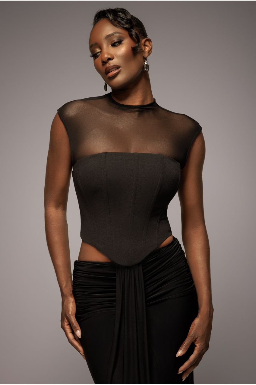 Goddiva High Neck Open Back Lace Up Scuba Corset Top – Black