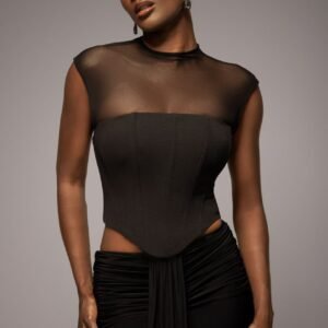 Goddiva High Neck Open Back Lace Up Scuba Corset Top - Black