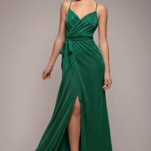 Goddiva Wrap Style Spaghetti Strap Maxi With Split - Emerald