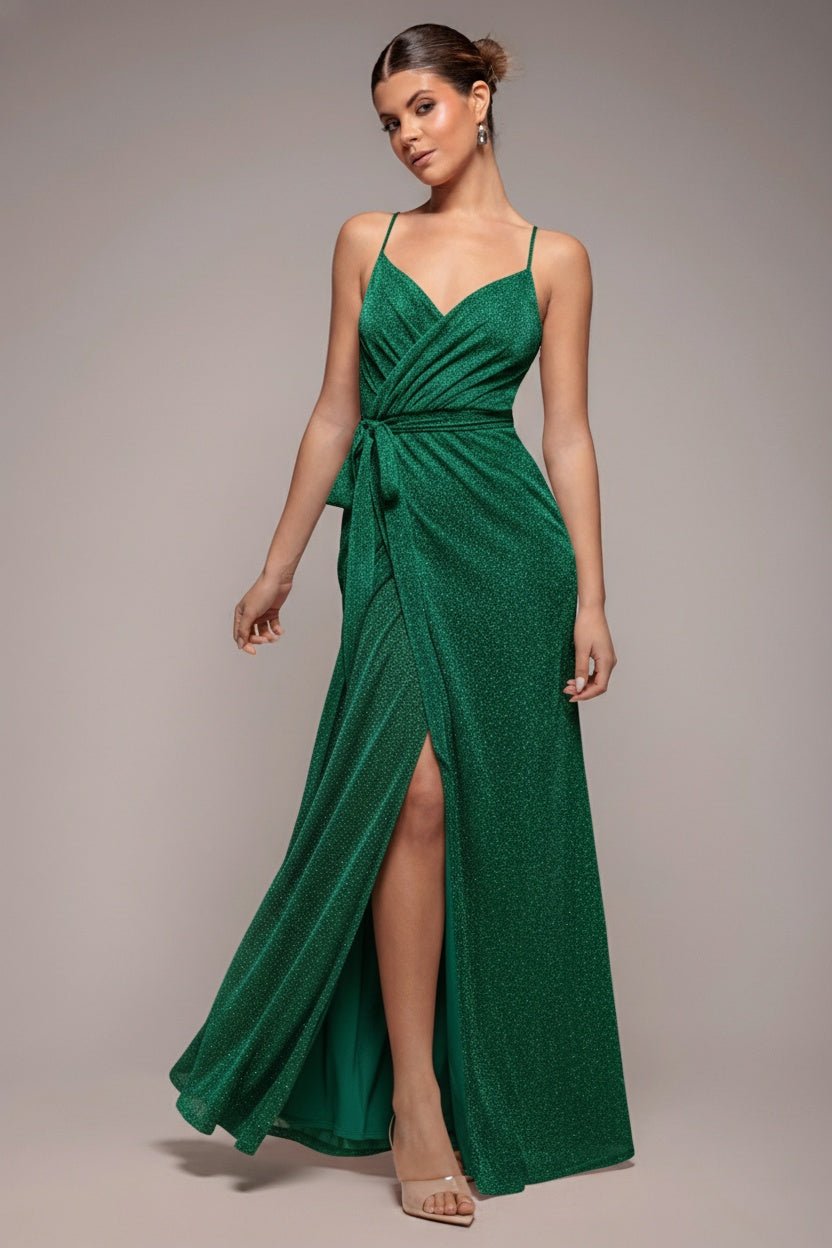 Goddiva Wrap Style Spaghetti Strap Maxi With Split – Emerald