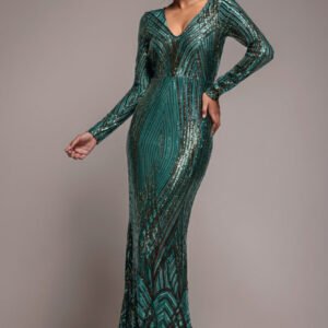 Goddiva Two Toned V Neck Sequin Maxi - Emerald Green