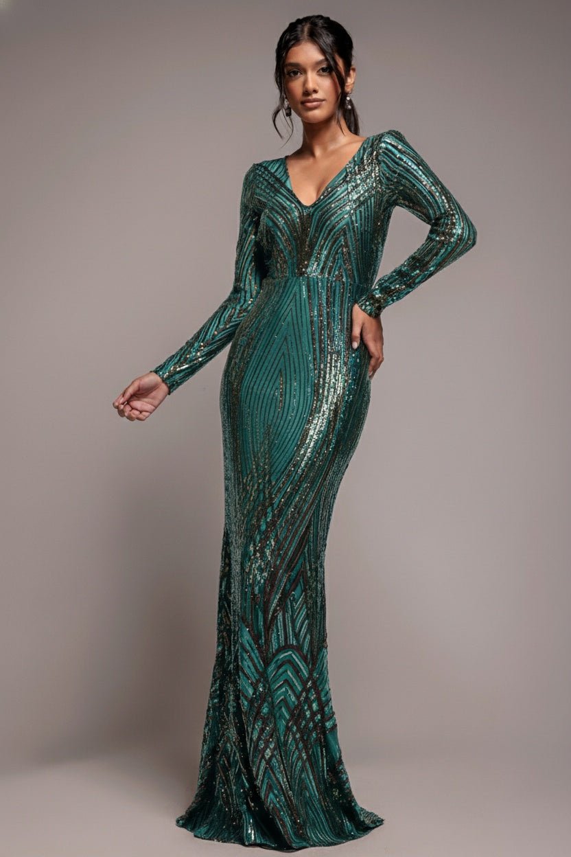 Goddiva Two Toned V Neck Sequin Maxi – Emerald Green