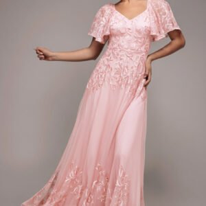 Goddiva Lace Flutter Sleeve Embroidered Mesh A Line Maxi Dress - Pink