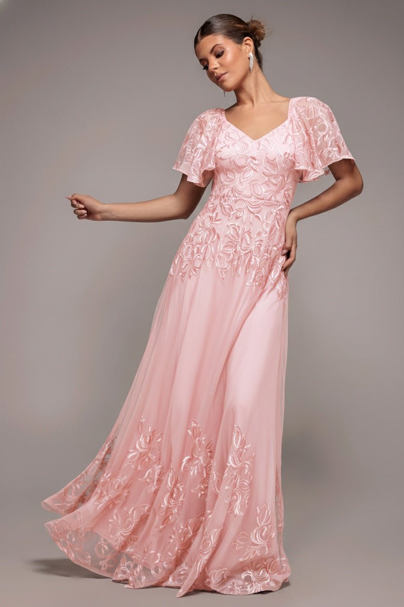 Goddiva Lace Flutter Sleeve Embroidered Mesh A Line Maxi Dress – Pink