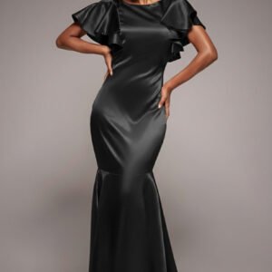 Goddiva Satin Flutter Sleeve Mermaid Maxi - Black