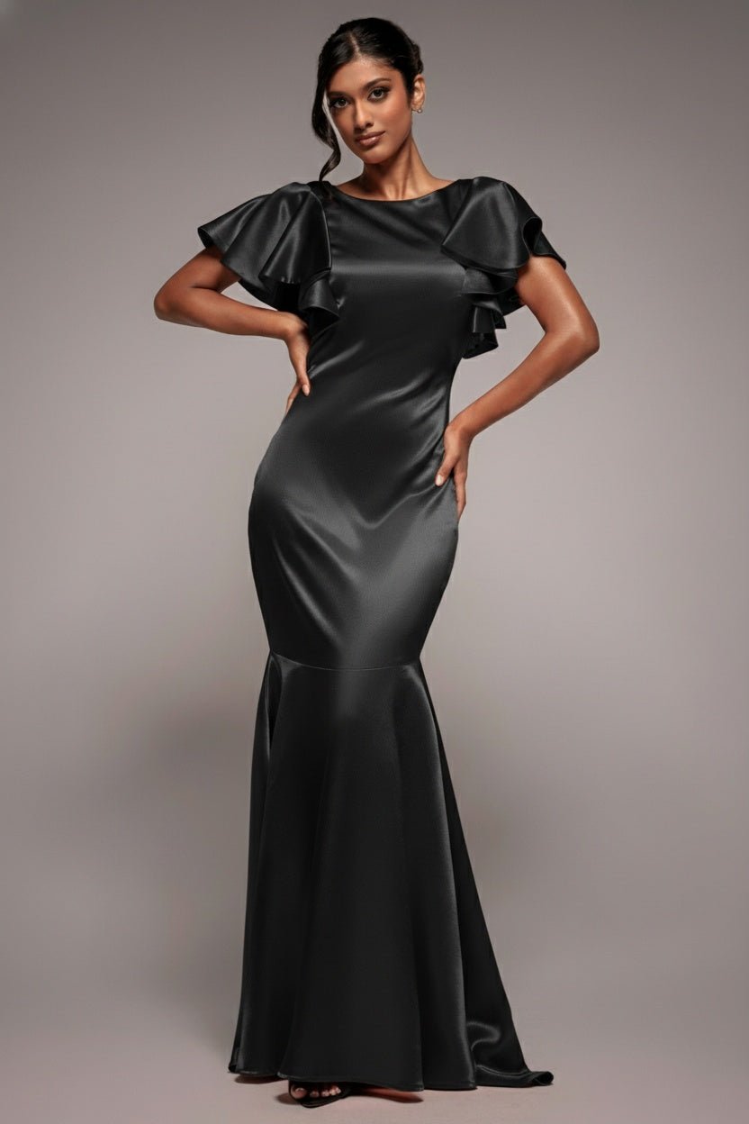 Goddiva Satin Flutter Sleeve Mermaid Maxi – Black