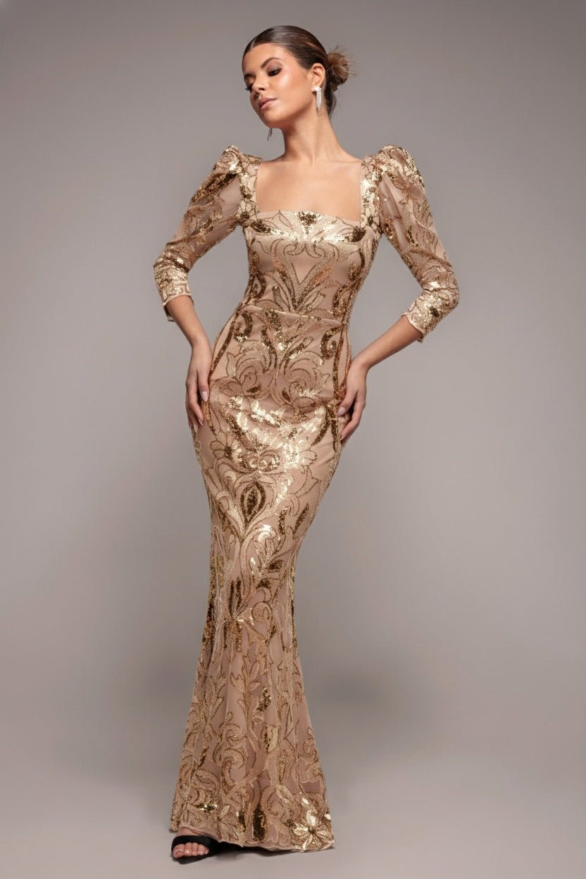 Goddiva Square Neck Scalloped Lace Maxi – Champagne