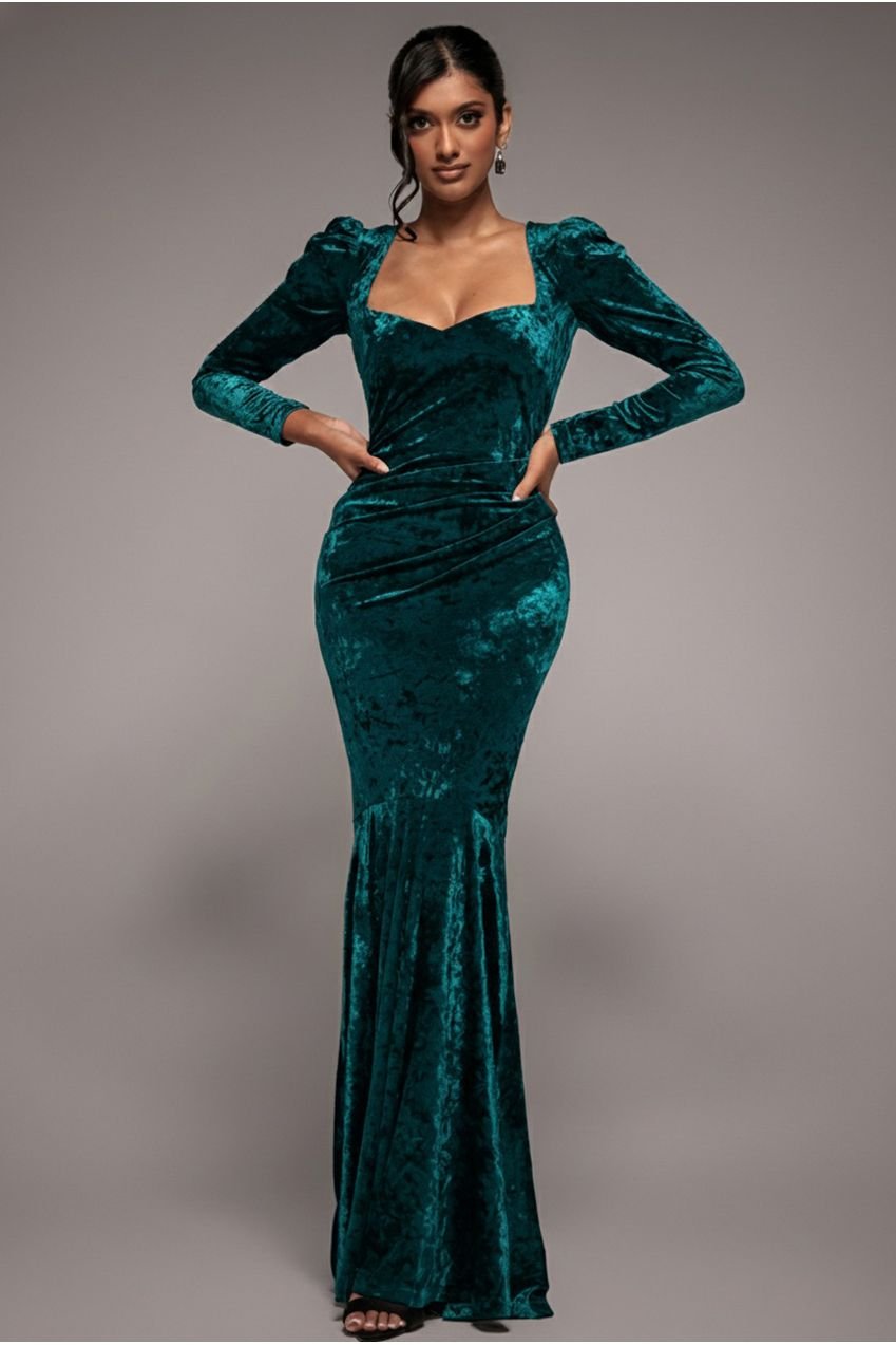 Goddiva Flared Hem Ice Velvet Maxi – Emerald Green