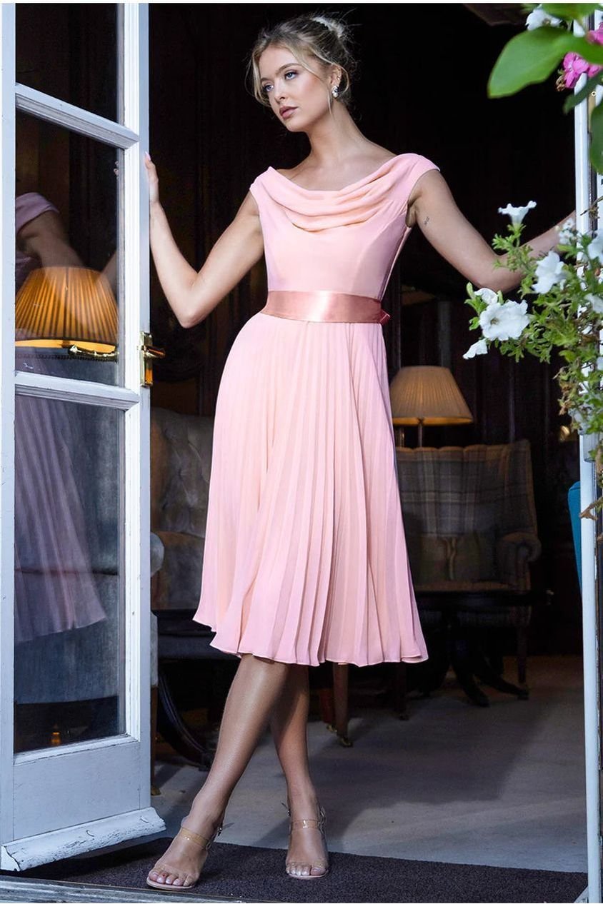 Goddiva Cowl Neck Pleated A-Line Chiffon Midi Dress – Blush Pink