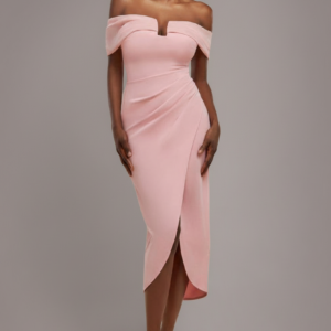Goddiva Off The Shoulder Chiffon Wing Scuba Crepe Midi Dress - Blush Pink