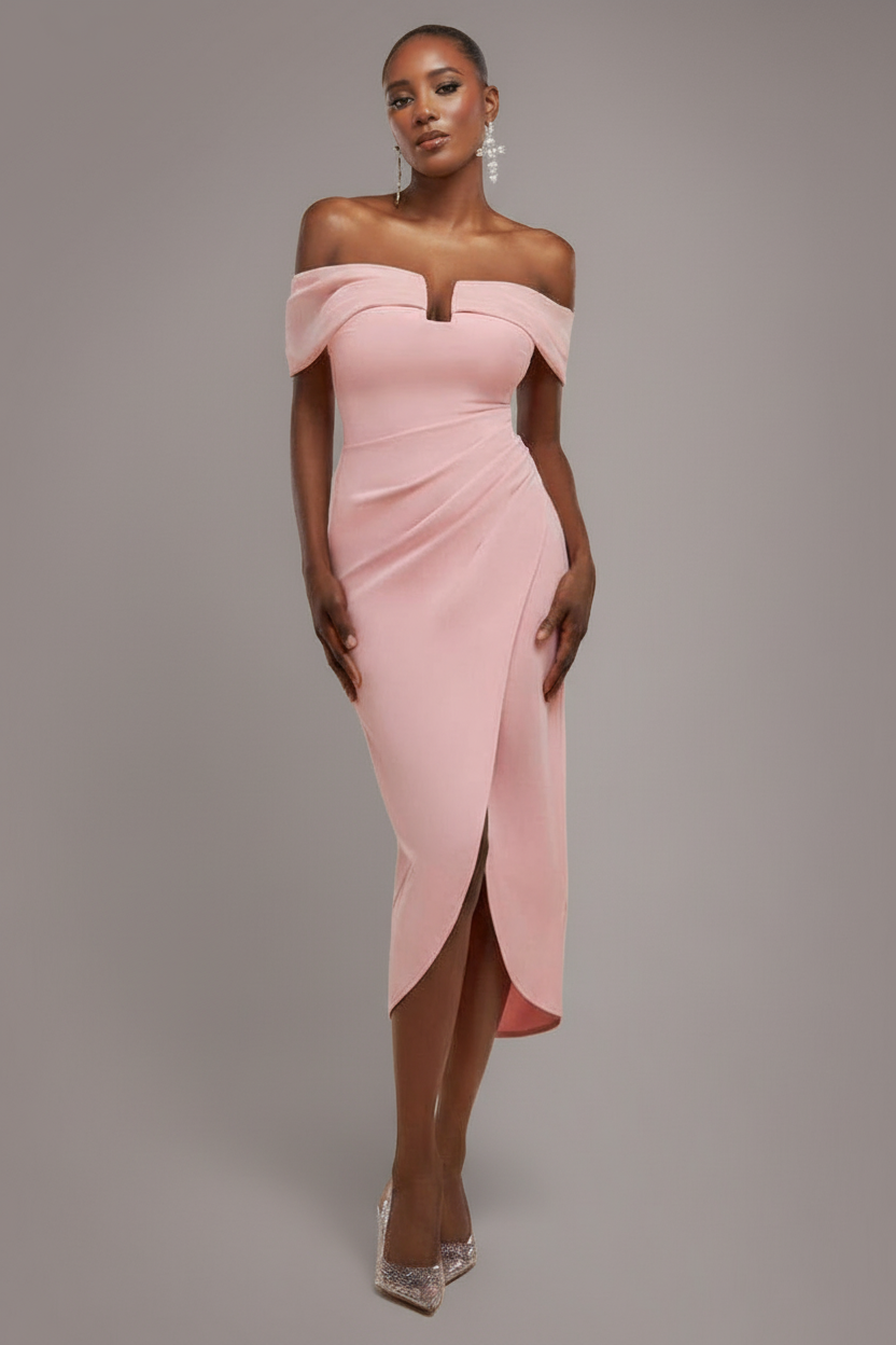 Goddiva Off The Shoulder Chiffon Wing Scuba Crepe Midi Dress – Blush Pink