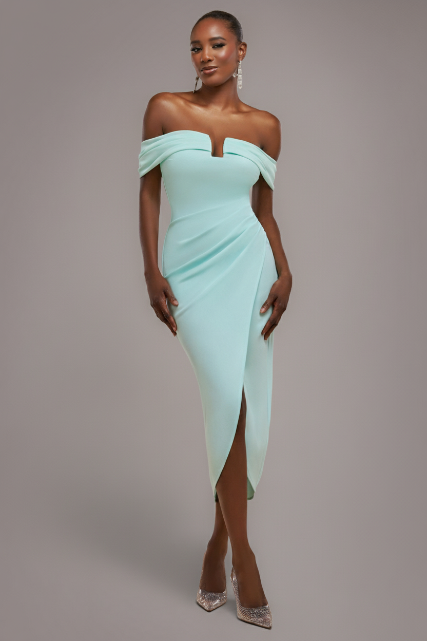 Goddiva Off The Shoulder Chiffon Wing Scuba Crepe Midi Dress – Mint Green