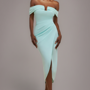 Goddiva Off The Shoulder Chiffon Wing Scuba Crepe Midi Dress - Mint Green