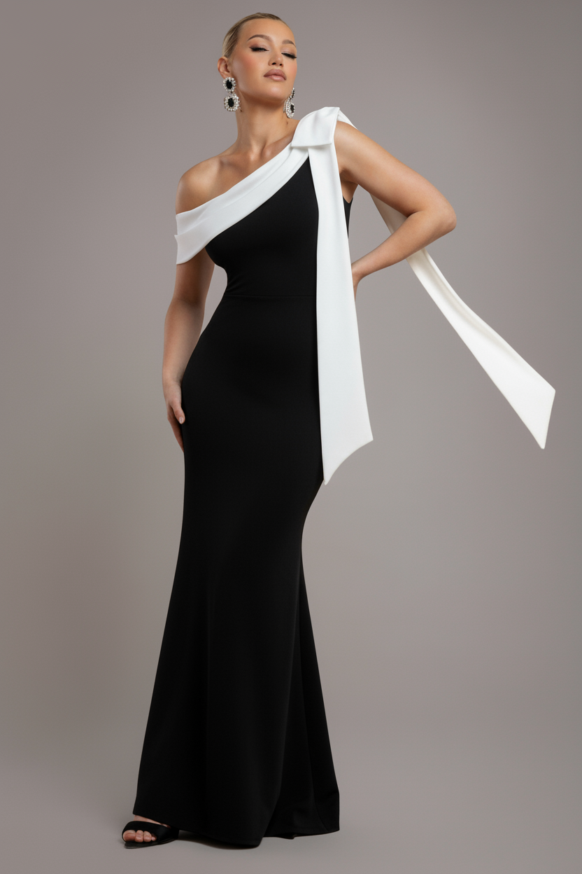 Goddiva One Shoulder Contrast Bow Maxi Dress – Black Cream
