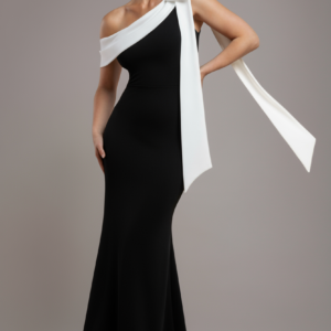 Goddiva One Shoulder Contrast Bow Maxi Dress - Black Cream