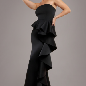 Goddiva Boobtube Peplum Waterfall Frill Maxi Dress - Black