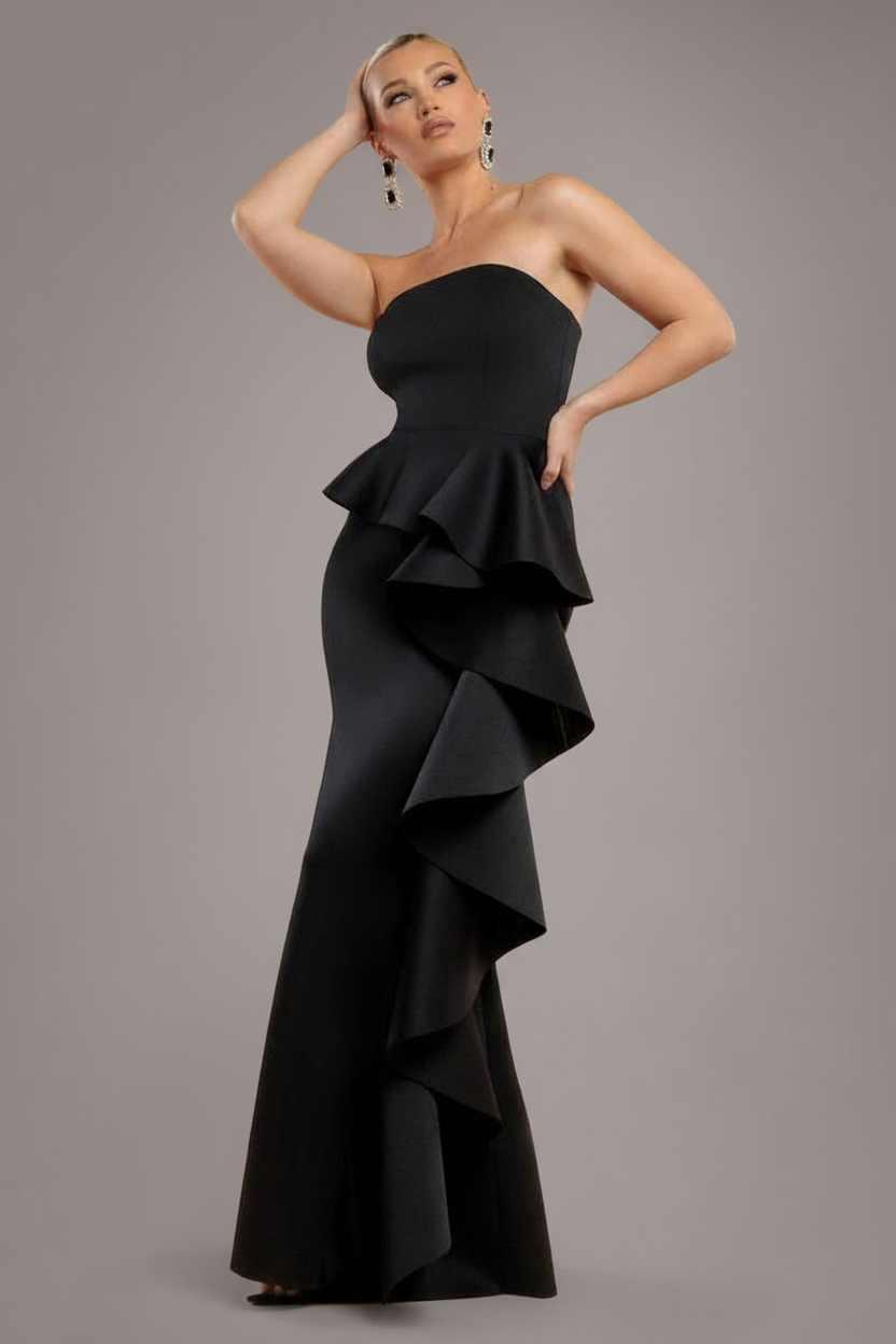 Goddiva Boobtube Peplum  Waterfall Frill Maxi Dress – Black