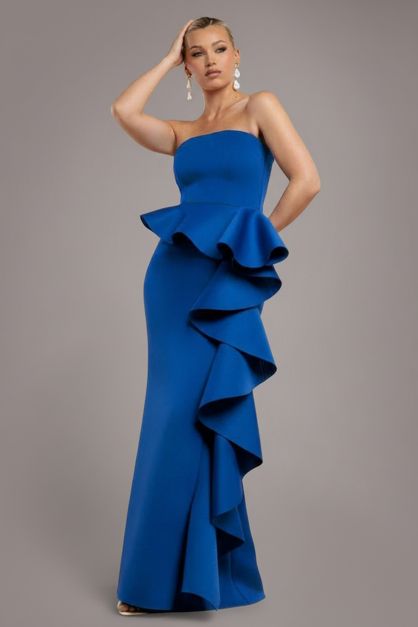 Goddiva Boobtube Peplum  Waterfall Frill Maxi Dress – Royal Blue