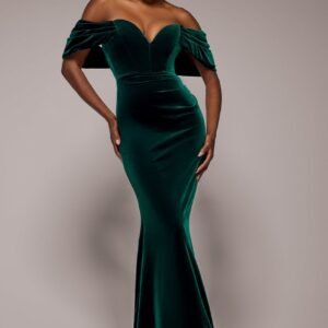 Goddiva Off The Shoulder Deep Plunge Velvet Maxi Dress - Emerald Green