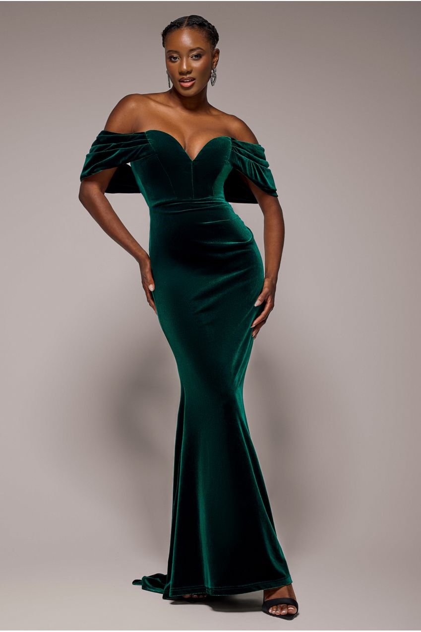 Goddiva Off The Shoulder Deep Plunge Velvet Maxi Dress – Emerald Green
