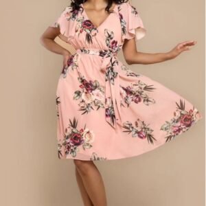 Goddiva Sustainable Floral Print Midi Wrap Dress With Flutter Sleeves - Peach