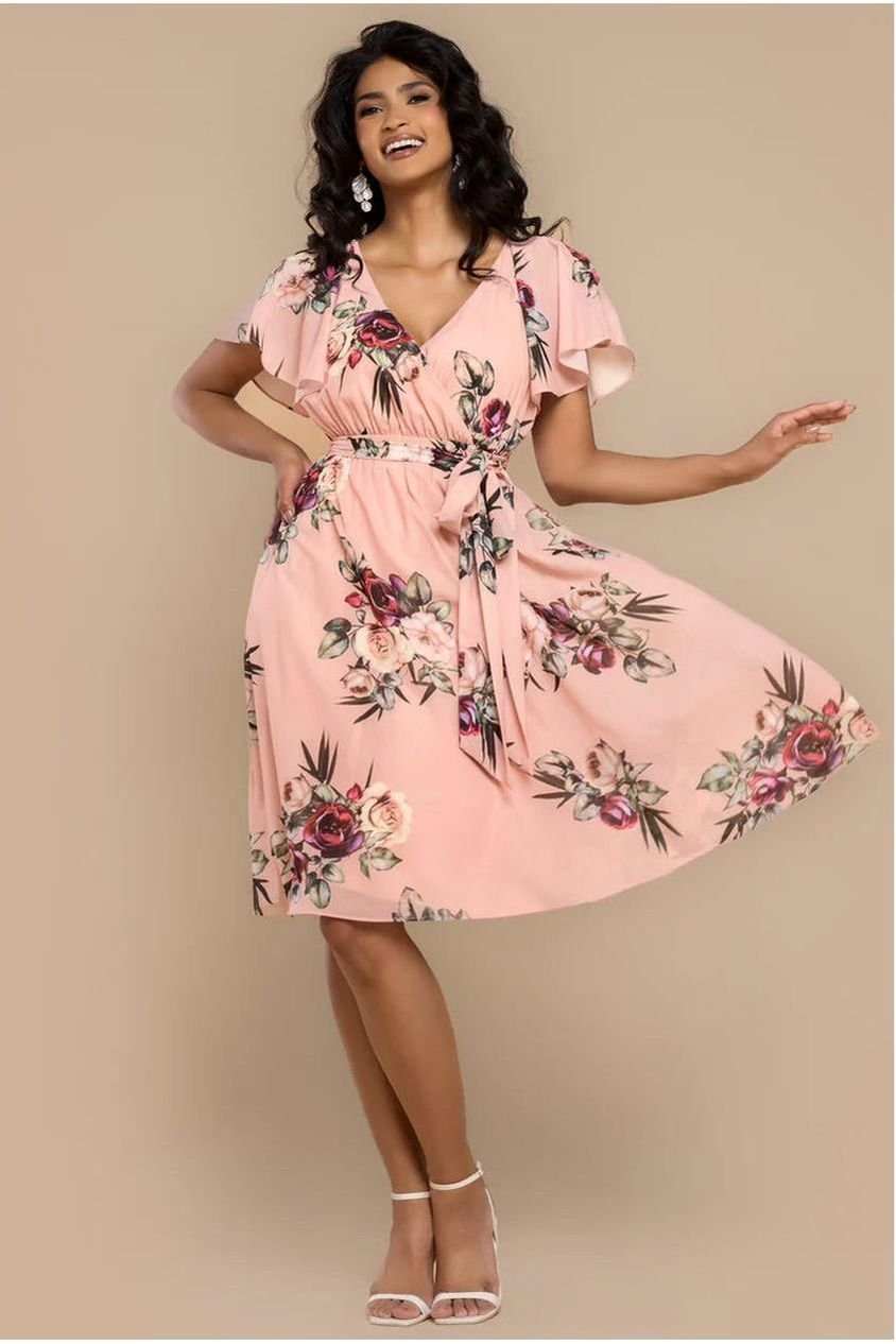 Goddiva Sustainable Floral Print Midi Wrap Dress With Flutter Sleeves – Peach