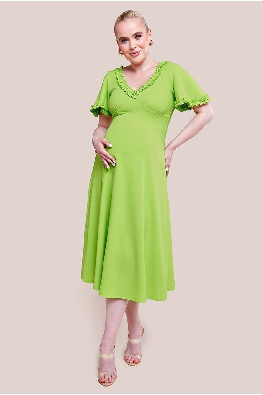 Goddiva Maternity Flare Sleeve Frill Edge Midi Dress – Lime Green
