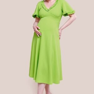 Goddiva Maternity Flare Sleeve Frill Edge Midi Dress - Lime Green