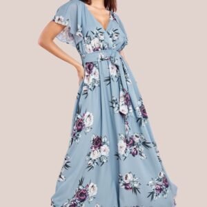 Goddiva Sustainable Printed Flutter Sleeve Maxi Dress - Airforce Blue