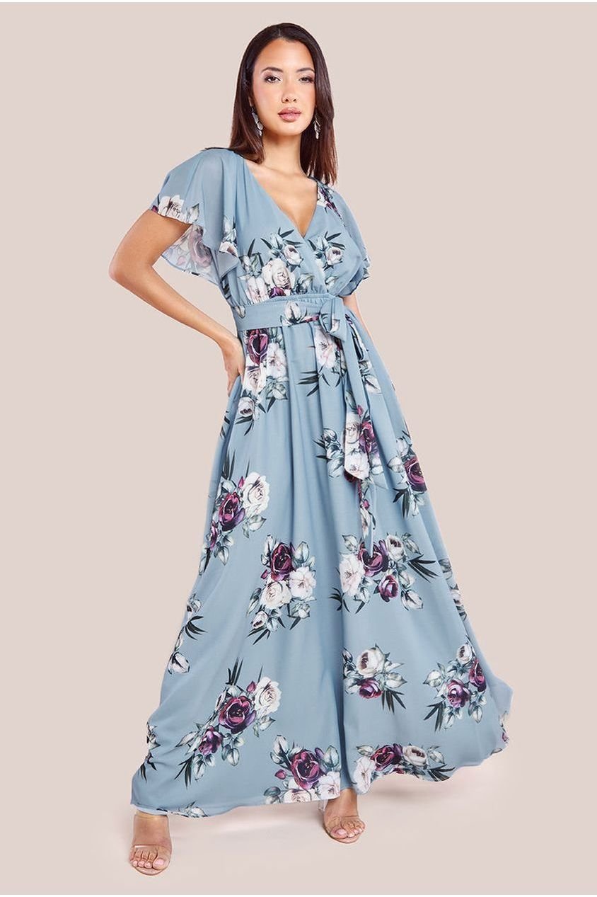 Goddiva Sustainable Printed Flutter Sleeve Maxi Dress – Airforce Blue