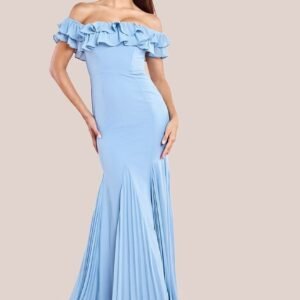 Goddiva Frilled Off The Shoulder Pleated Chiffon Maxi Dress - Dusky Blue