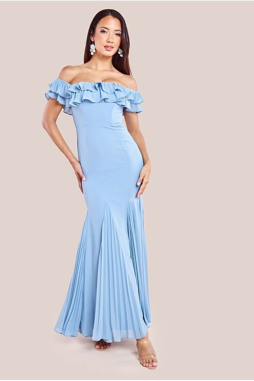 Goddiva Frilled Off The Shoulder Pleated Chiffon Maxi Dress – Dusky Blue