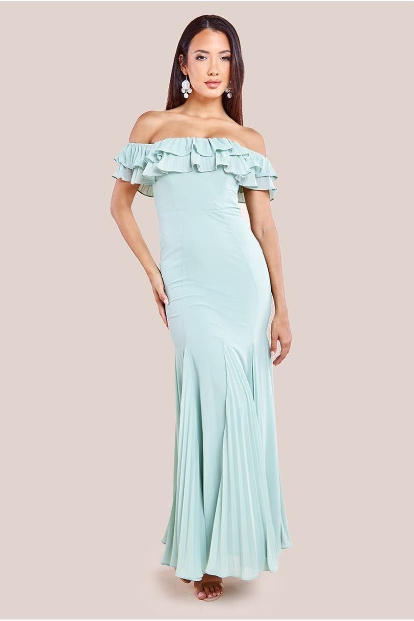 Goddiva Frilled Off The Shoulder Pleated Chiffon Maxi Dress – Sage Green