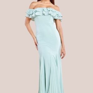 Goddiva Frilled Off The Shoulder Pleated Chiffon Maxi Dress - Sage Green