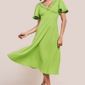Goddiva Flare Sleeve Frill Edge Midi Dress - Lime Green
