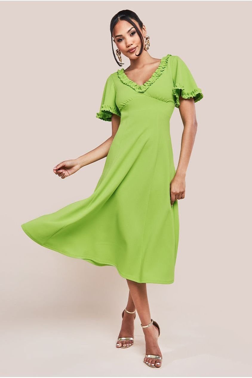 Goddiva Flare Sleeve Frill Edge Midi Dress – Lime Green