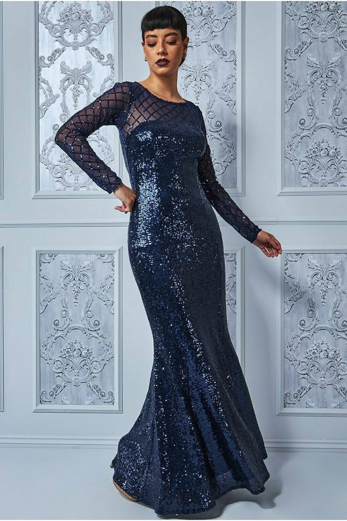Goddiva Sheer Diamond Design Sequin Maxi Dress – Navy