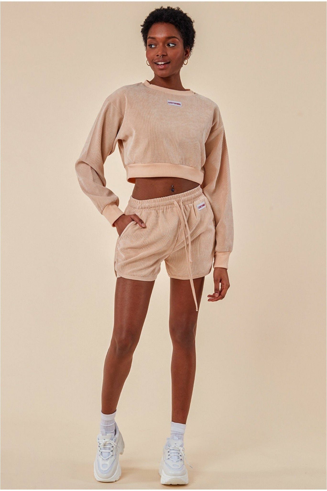 Cosmochic Oversized Cropped Sweater & Short Set – Beige
