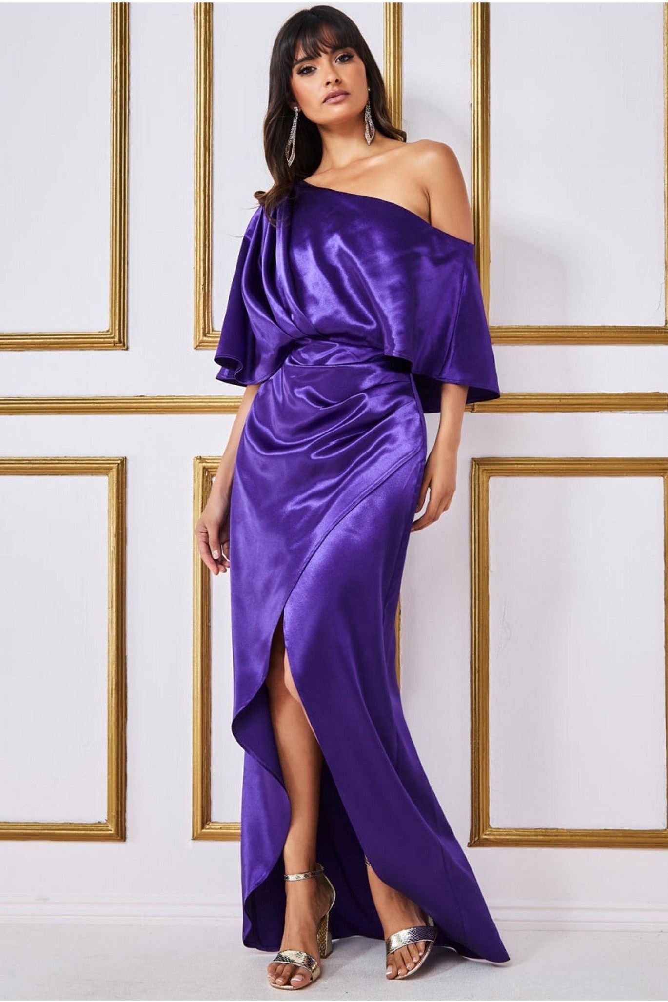 Goddiva Satin Drape Shoulder Wrap Maxi Dress – Purple