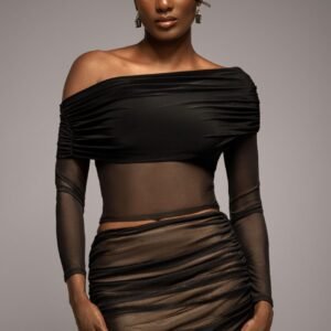 Goddiva Gathered Bardot Asymmetric Mesh Panel Top - Black