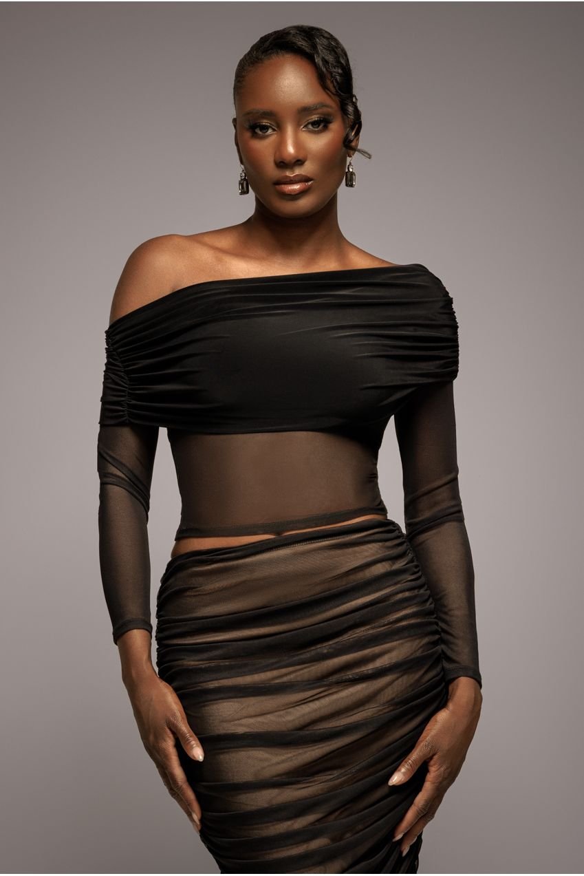 Goddiva Gathered Bardot Asymmetric Mesh Panel Top – Black