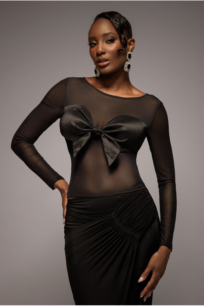 Goddiva Long Sleeve Mesh Sleeveless Taffeta Bow Top – Black