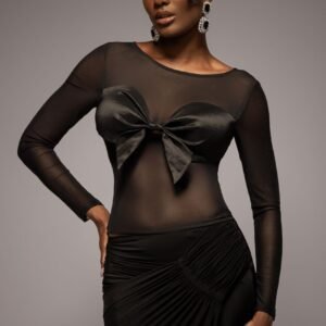 Goddiva Long Sleeve Mesh Sleeveless Taffeta Bow Top - Black