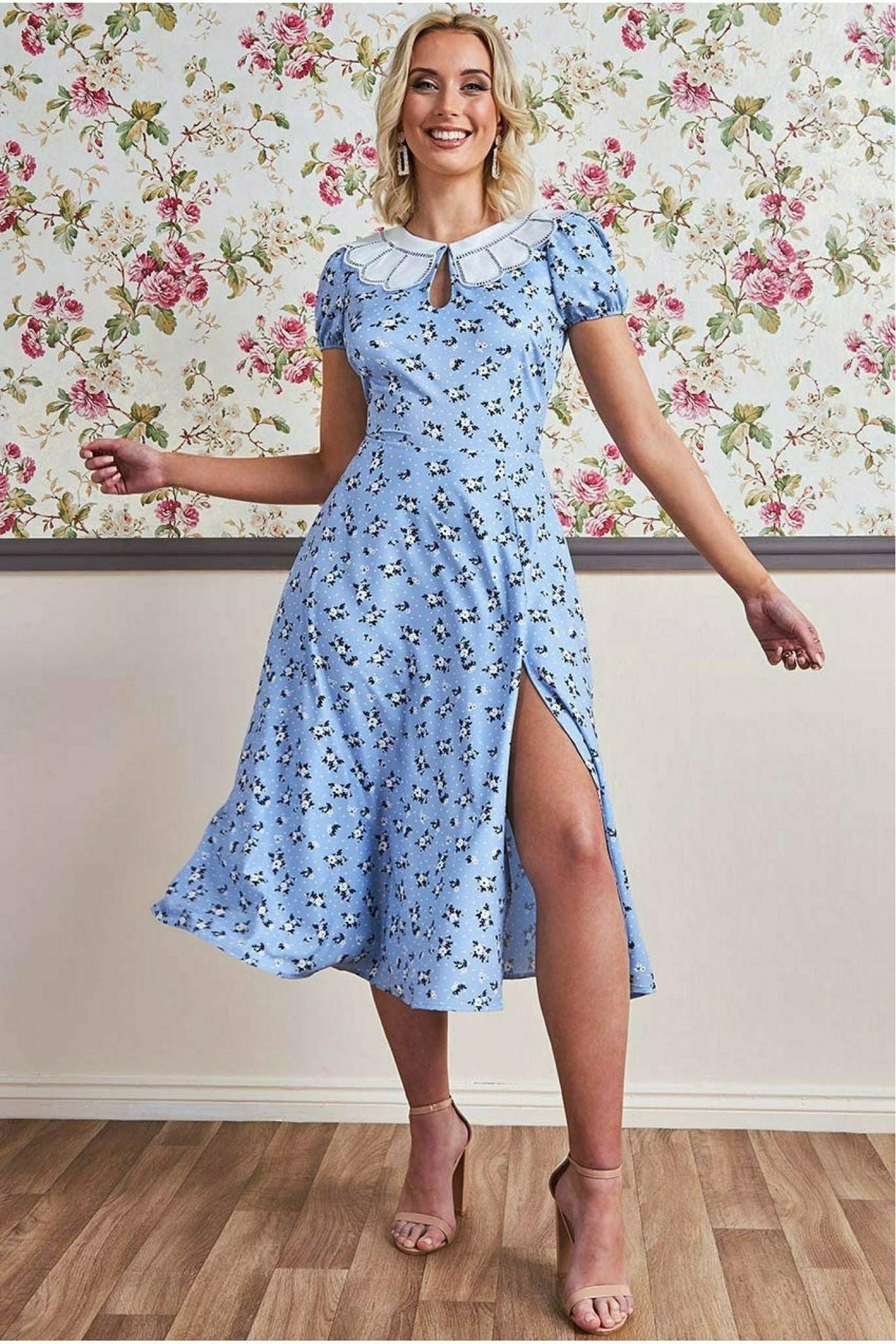 Goddiva Printed Midi With Front Split – Powder Blue
