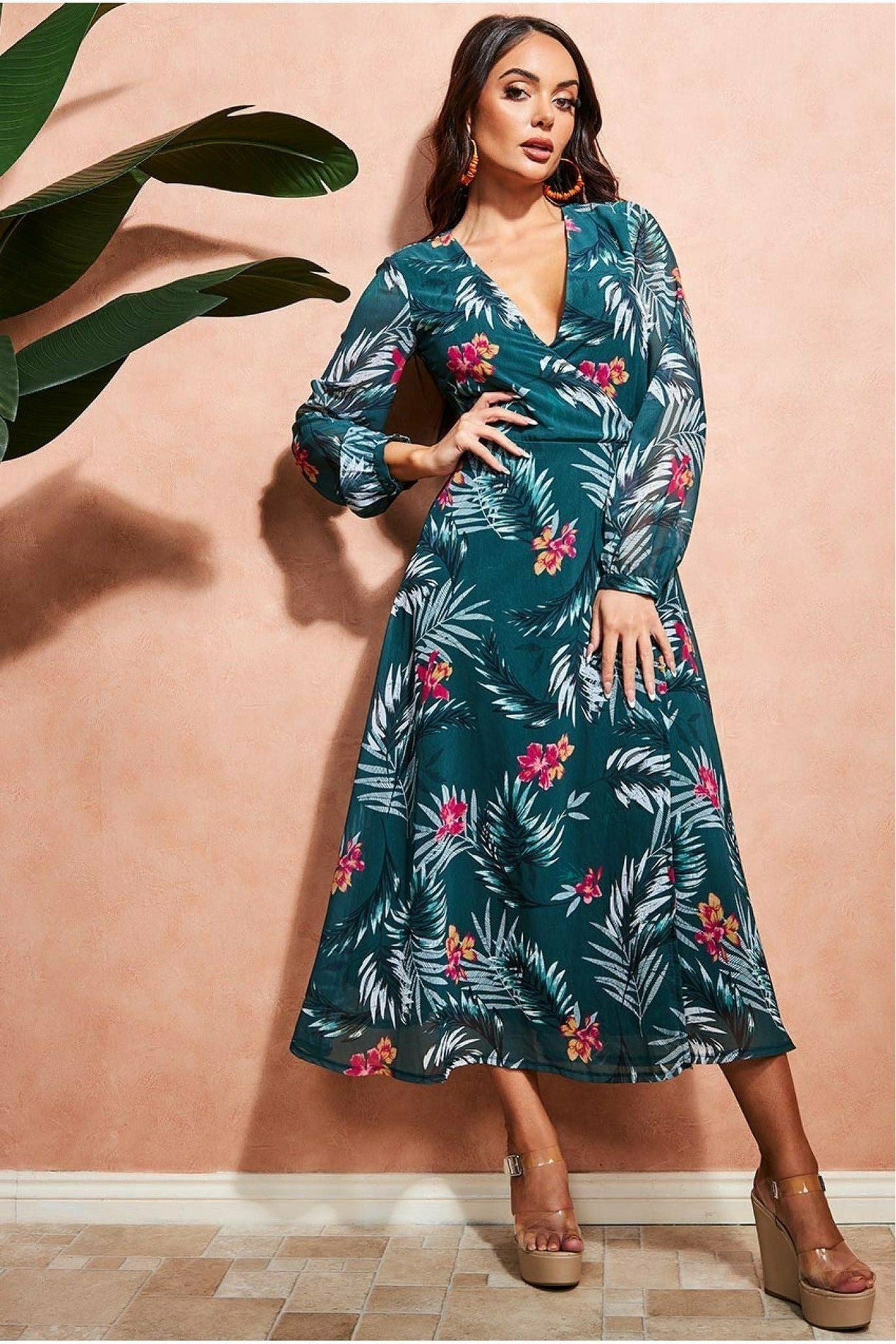 City Goddess Floral Print Wrap Midi Dress – Green