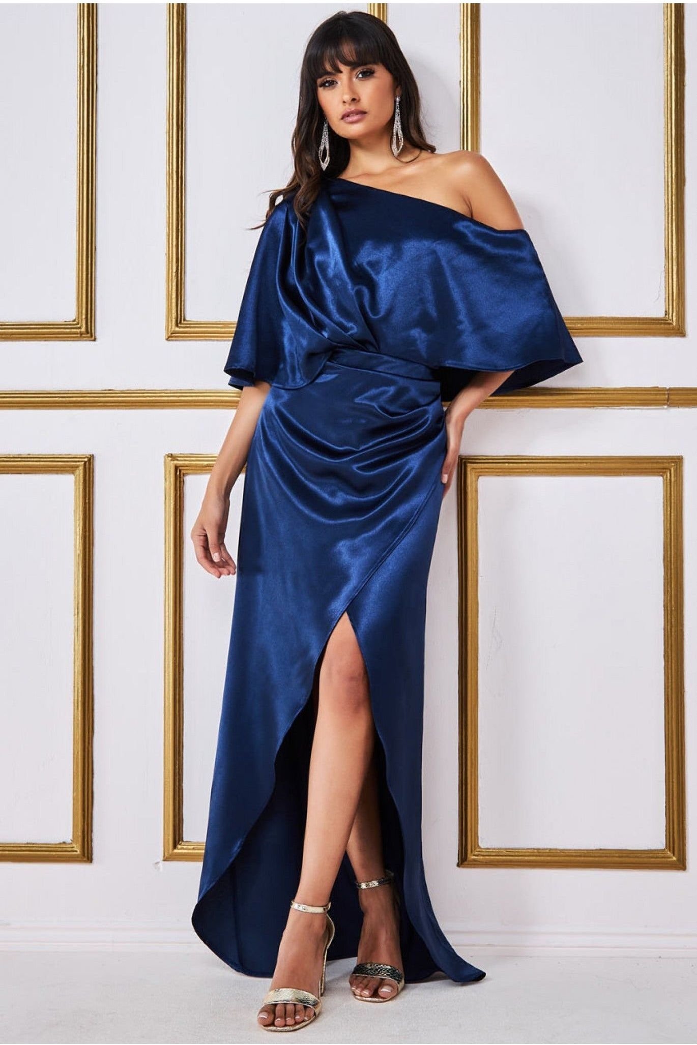 Goddiva Satin Drape Shoulder Wrap Maxi Dress – Navy