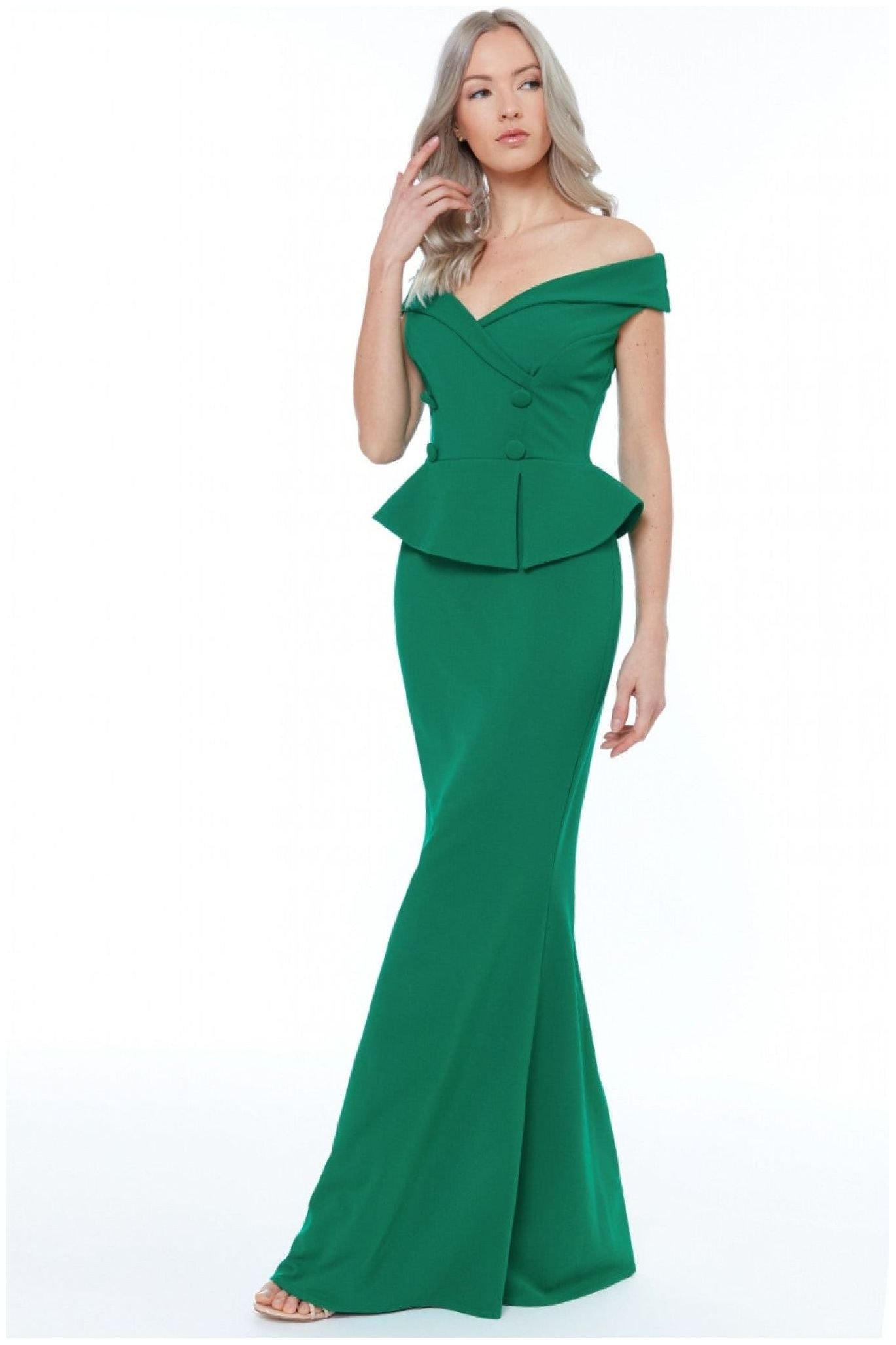 Goddiva Bardot Crossover Maxi Dress – Vividemerald